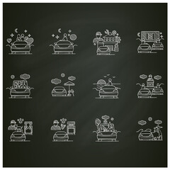 Getaway car chalk icons set. Relax and travel by automobile concept. Contains such icons as garage, church, garage, drive-in cinema. Isolated vector illustrations on chalkboard