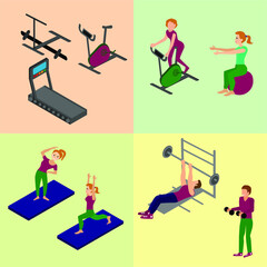 Fitness activities supplements and exercises for men and women isometric icons collection abstract isolated vector illustration