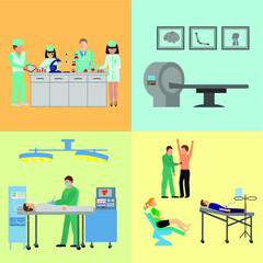 Medical boarding house icons set. Flat design vector illustration concepts of education and science. Square banners with science symbols. Science Lab, Testing, Analysis, Scientist.