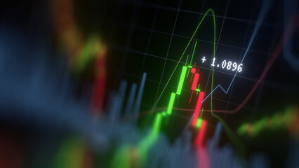 Business investment finance analysis data statistics digital stock market exchange forex trading graph chart financial candlestick indicator screen board abstract graphic design background. 3d render.