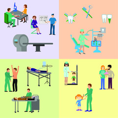 Medical boarding house icons set. Flat design vector illustration concepts of education and science. Square banners with science symbols. Science Lab, Testing, Analysis, Scientist.