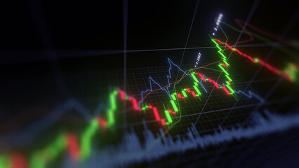 Business investment finance analysis data statistics digital stock market exchange forex trading graph chart financial candlestick indicator screen board abstract graphic design background. 3d render.