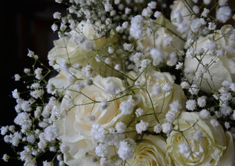 Bouquet of white roses and gypsophila on a black background. Beautiful floral arrangement