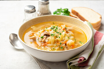 Traditional Russian cabbage soup Shchi on concrete background
