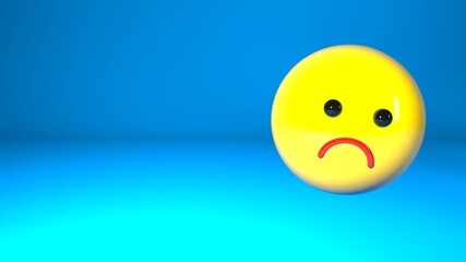 Sad emoticon on a blue background, with a place for your text. The concept of depression and psychological problems. 3D render