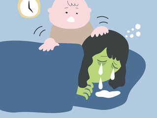 早朝に子供に起こされて寝不足のストレスで泣いている母親のイラスト