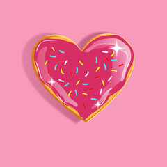 Yummy Heart shaped pink  candie. Love Strawberry and Chocolate, Donut.Vector.Vector illustration. Valentines Day Greeting Card. Sweet dessert, choco candy. Happy Romantic holidays.