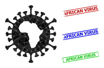 Triangle African virus polygonal icon illustration, and scratched simple African Virus stamps. African Virus icon is filled with triangles. Simple stamps uses lines, rects in red, blue, green colors.