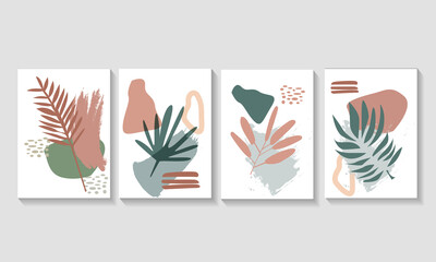 Botanical art vector set. Line drawing of foliage boho tone earth. Abstract plant design for wall prints, canvas prints, posters, home decor.