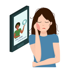 a young Asian woman holds her cheek because of a toothache against the background of an enlarged phone with an advertisement for a dental clinic