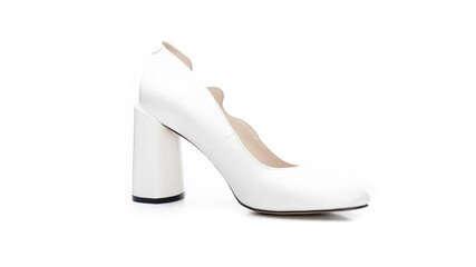 women's white shoe with a heel on a solid background