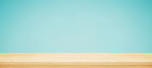 Empty brown wood table top on blue background. Template mock up for display of product