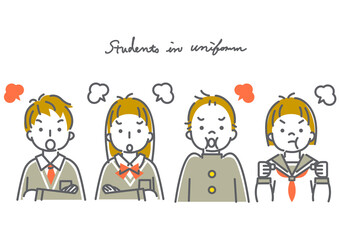 中学生・高校生（男女４人）のシンプルでかわいい線画イラスト素材セット