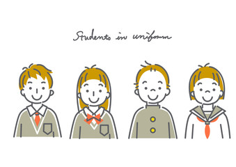 中学生・高校生（男女４人）のシンプルでかわいい線画イラスト素材セット