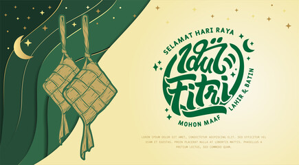 Selamat Idul Fitri.Translation: Happy Eid Mubarak. Eid al-Fitr Greeting with hand lettering calligraphy and illustration. vector illustration.