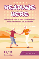 Senior couple dancing outdoors. Old man and woman dancing rock-n-roll flat vector illustration. Active lifestyle, leisure time together concept for banner, website design or landing web page