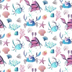 Watercolor pattern, crabs and shells