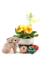 Easter bunny and eggs with spring flowers. Holiday card, isolated on white.