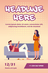 Obraz premium Man lying on sofa when woman standing and looking at him. Couch, laziness, wife flat vector illustration. Family and relationship concept for banner, website design or landing web page