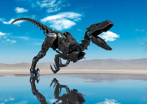 cyber raptor is runnning fast on the desert after rain