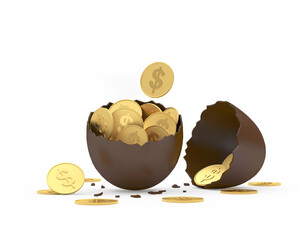 Broken into halves chocolate Easter egg with dollar coins. 3d illustration 