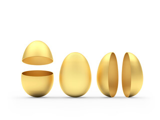 Set of golden eggs, whole and broken halves. 3d illustration 