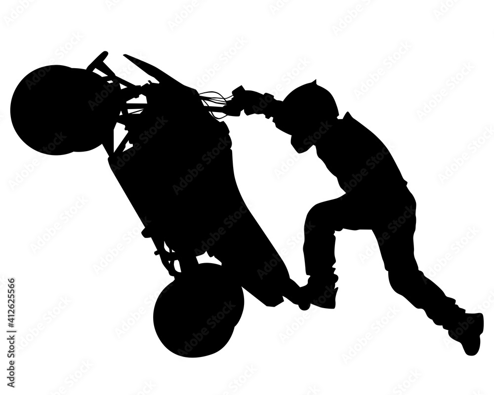 Wall mural Man in protective clothing rides a retro bike. Isolated silhouette on a white background