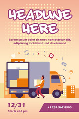 Loading workman carrying box in truck. Parcel, logistics, cardboard flat vector illustration. Delivery service and shipping concept for banner, website design or landing web page