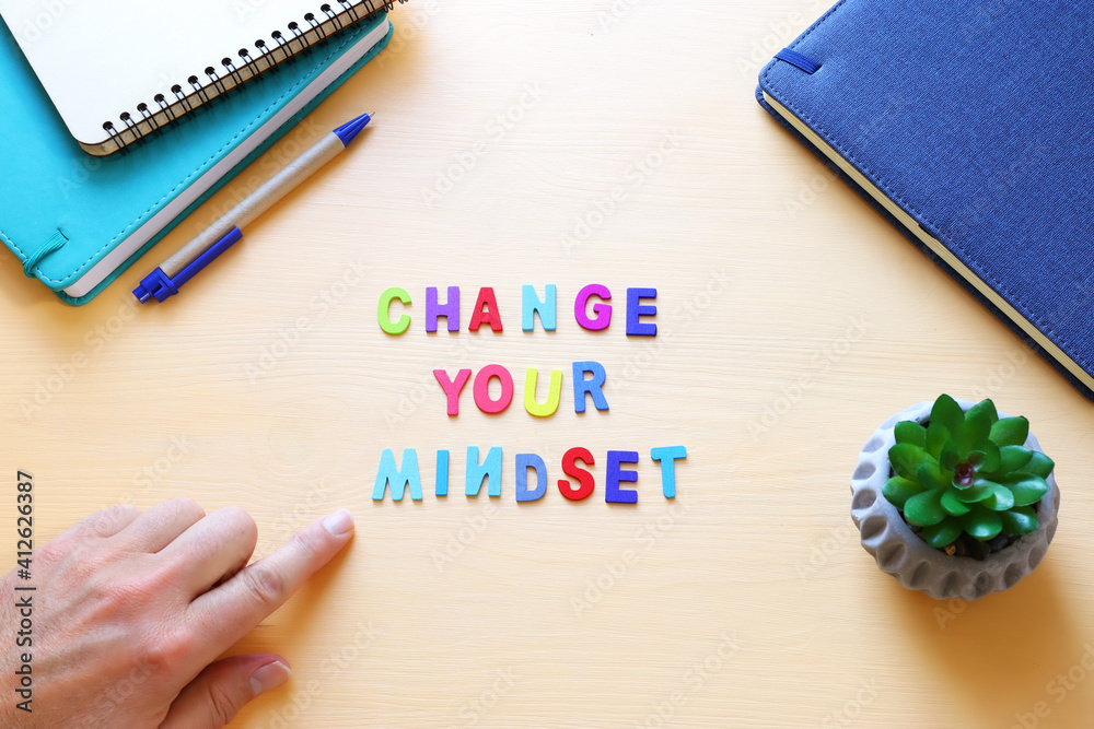 Poster concept image with change your mindset text. top view of office table