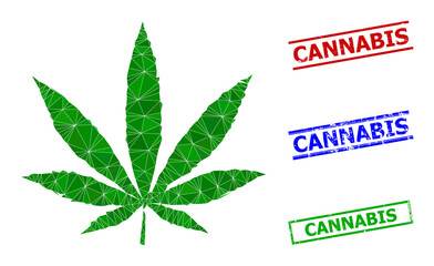 Triangle cannabis polygonal icon illustration, and scratched simple Cannabis rubber seals. Cannabis icon is filled with triangles. Simple seals uses lines, rects in red, blue, green colors.
