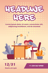 Tired woman sleeping during work at table. Desk, exhaustion, employee flat vector illustration. Workplace and occupation concept for banner, website design or landing web page