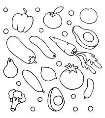 Vegetables and fruits set. Hand drawing in Doodle style. Illustration for postcards, posters, banners, textile prints, covers, web designs. Healthy eating. Vegetarianism. Vector EPS 10