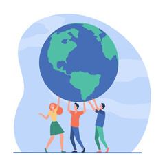 Tiny people holding globe together and smiling. Earth, team, planet flat vector illustration. Environment and ecology concept for banner, website design or landing web page