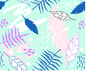 Trending and trendy seamless pattern with hand drawn doodles, feathers, exotic tree leaves. Lines and spots. Pastel colors in vector background