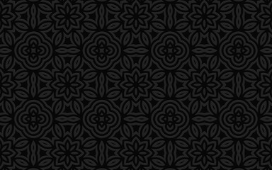 Ethnic geometric convex volumetric black 3D background from a relief pattern with stylized flowers for presentations, wallpapers, textiles.