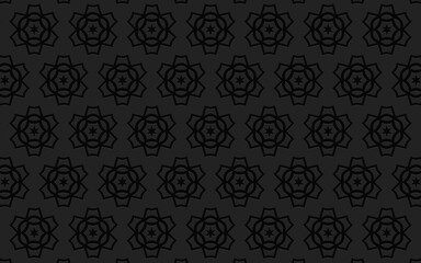 Obraz na płótnie Canvas Ethnic geometric convex volumetric black 3D background from a relief pattern with abstract flowers.Texture for wallpaper, textiles, business cards. 