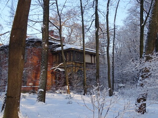 Красивый старинный красный дом среди снежных деревьев
