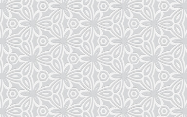 Ethnic openwork geometric convex volumetric white background from a 3D ornament. Texture for design and decor, wallpaper, presentations.
