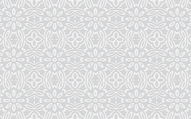 Ethnic unique geometric convex volumetric white background from 3d abstract ornament with flowers in doodling style.Texture for design and decor, wallpaper, presentations.