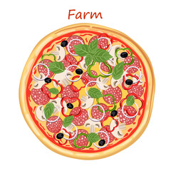 Vector illustration of Farmer's pizza with ingredients such as tomato sauce, basil, olives, sausage with salami, pepper, onion, mushrooms and cheese on a white background. Fast food concept