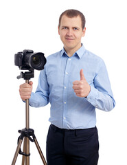 male photographer or videographer with modern dslr camera on tripod isolated on white