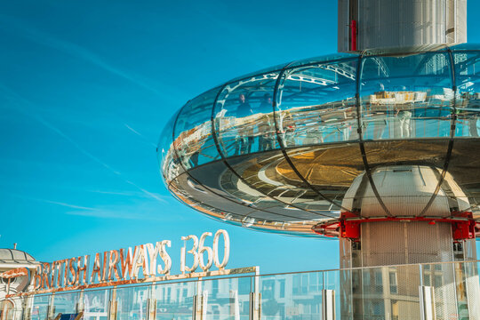Brighton, England-6 October,2018: The British Airways i360 skyline tower is the world's tallest in the world in Brighton Pier. Glass pod and tower for sightseeing attraction at Brighton Pier, UK