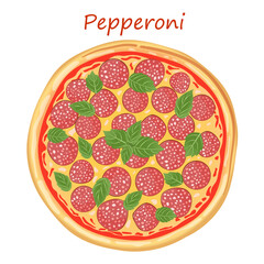 Italian pizza pepperoni with sausages, cheese, ketchup and basil on a white background. Vector pizza illustration for menu, poster, advertisement, banner, website.