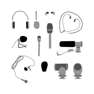 Vector handdrawn flat illustration set with different types of microphones and headphones isolated on white background. Equipment for blogging, vlogging and recording podcasts and videos © Olga Miraniuk