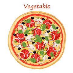 Vegetarian pizza with cheese, tomatoes, tomato sauce, basil, olives, mushrooms onions and peppers on a white background. Fast food concept
