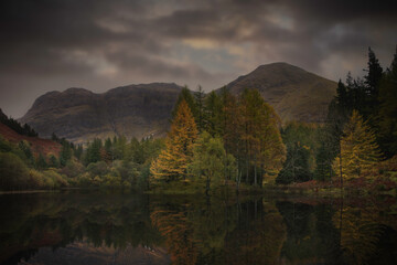 Fototapeta na wymiar A view of Loch Torren with reflection in Glencoe, Highlands, Scotland.