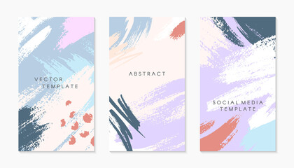 Set of editable insta story templates with copy space for text.Modern vector layouts with hand drawn brush strokes and textures.Trendy design for social media marketing,digital post,prints,banners.