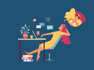 Happy lady dreams about future travelling at table in office