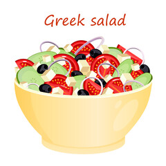 Vector illustration of Greek salad in a yellow plate on a white background. The salad consists of tomato, cucumber, cheese, olives, onion and oil. Healthy food concept