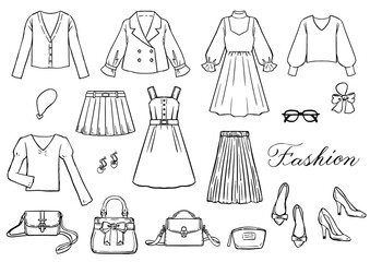 女性のおしゃれなファッションアイテム　手描きイラスト